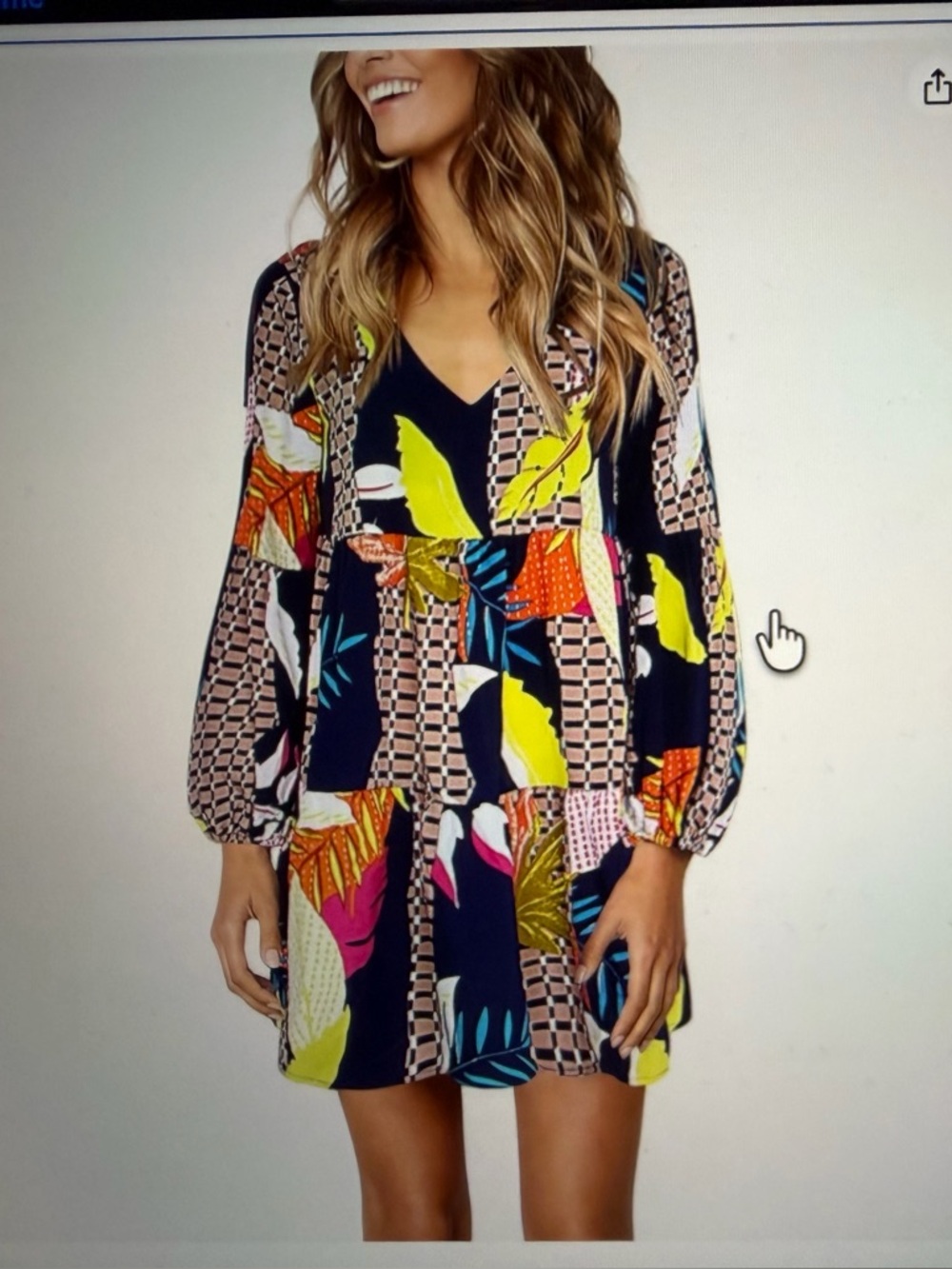 V-Neck Long Sleeve Tunic Dress in Navy Multi Floral Print Small